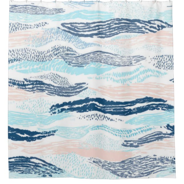 Abstract Ocean Waves Blue Pink Textured Pattern Shower Curtain (Front)