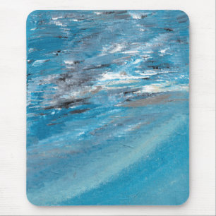Abstract Ocean Waves in Blue and Grey Brushstrokes Mouse Pad