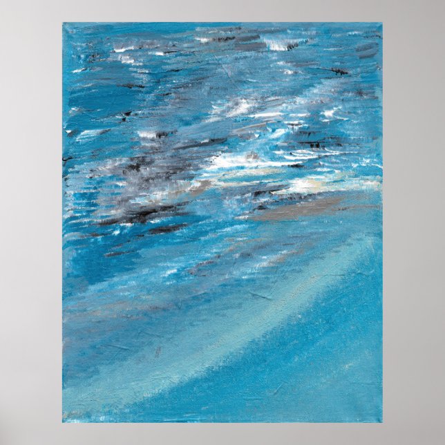 Abstract Ocean Waves in Blue and Grey Brushstrokes Poster (Front)