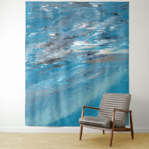 Abstract Ocean Waves in Blue and Grey Brushstrokes Tapestry