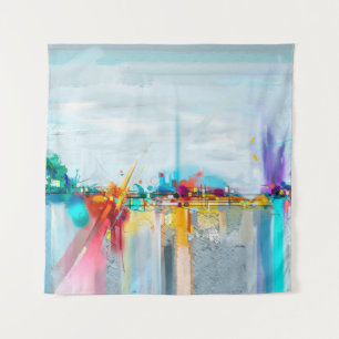 Abstract oil painting landscape. Colourful blue pu Tapestry