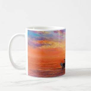  abstract oil painting of fishing boat  and sea on coffee mug