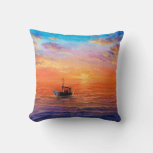  abstract oil painting of fishing boat  and sea on cushion