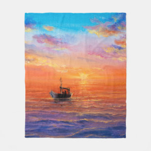abstract oil painting of fishing boat and sea on fleece blanket