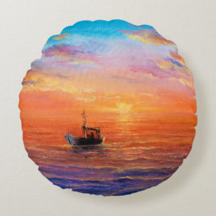  abstract oil painting of fishing boat  and sea on round cushion