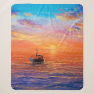abstract oil painting of fishing boat and sea on sherpa blanket
