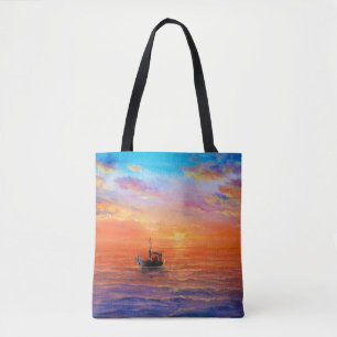 abstract oil painting of fishing boat and sea on tote bag