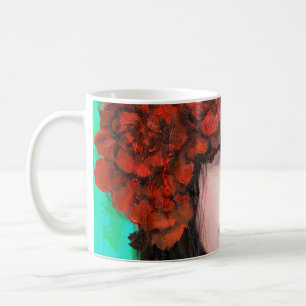 Abstract oil painting showing woman face and red r coffee mug