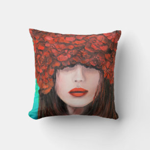Abstract oil painting showing woman face and red r cushion
