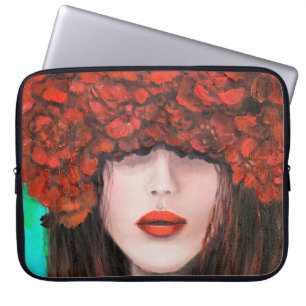 Abstract oil painting showing woman face and red r laptop sleeve