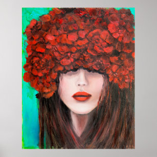 Abstract oil painting showing woman face and red r poster