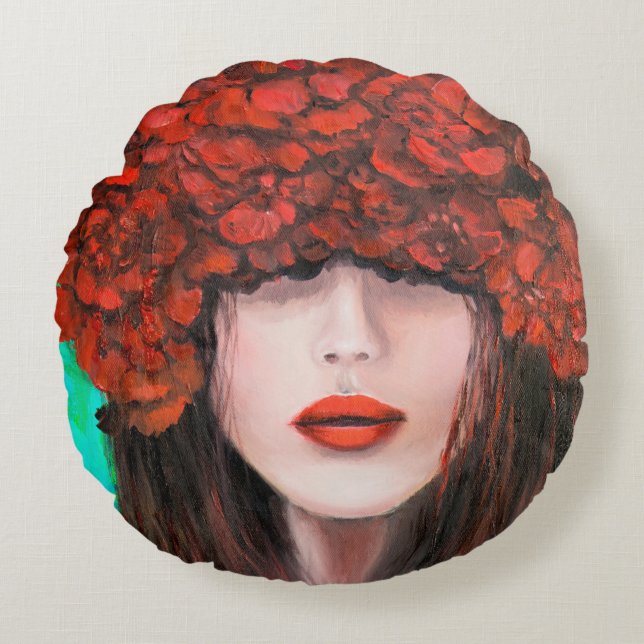 Abstract oil painting showing woman face and red r round cushion (Front)