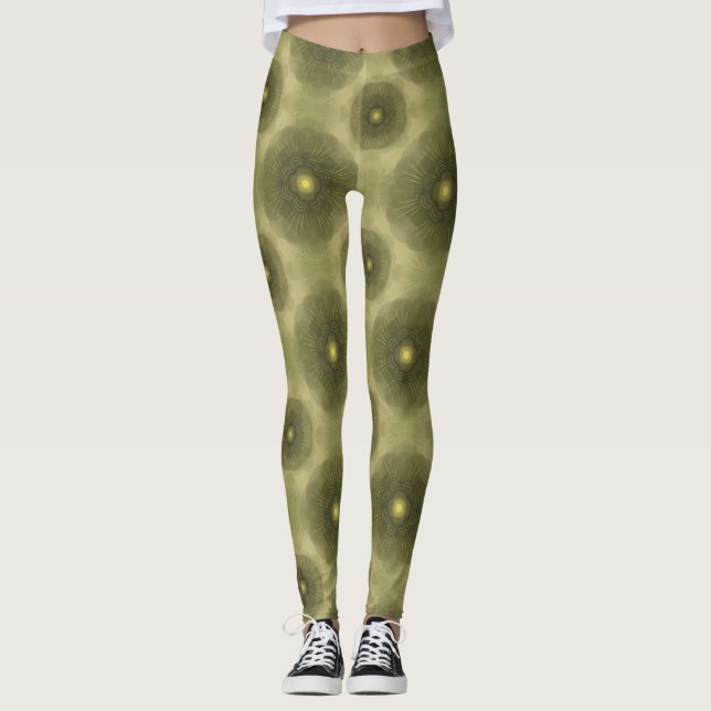 Abstract Olive Green Flower Seamless Pattern Leggings (Front)