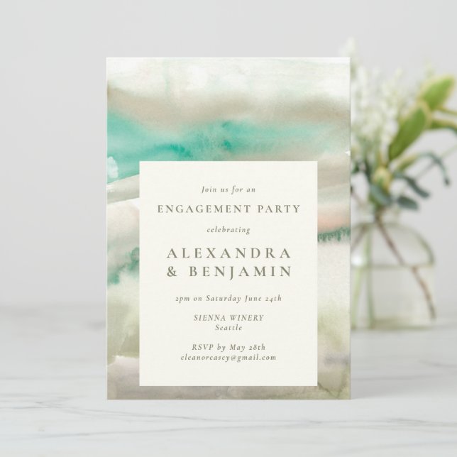 Abstract Olive Green Watercolor Engagement Party Invitation (Standing Front)