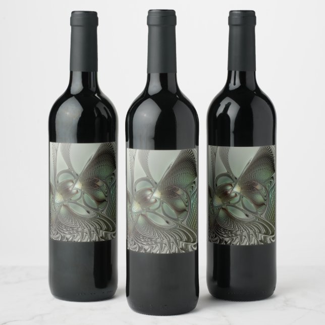 Abstract Olive Sage Green Gray Fractal Art Fantasy Wine Label (Bottles)