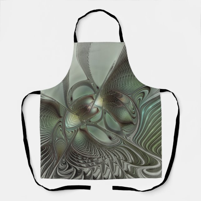 Abstract Olive Sage Green Grey Fractal Art Fantasy Apron (Front)