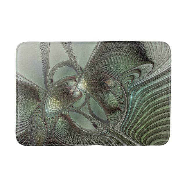 Abstract Olive Sage Green Grey Fractal Art Fantasy Bath Mat (Front)