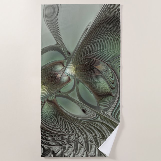 Abstract Olive Sage Green Grey Fractal Art Fantasy Beach Towel (Front)