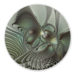 Abstract Olive Sage Green Grey Fractal Art Fantasy Ceramic Knob