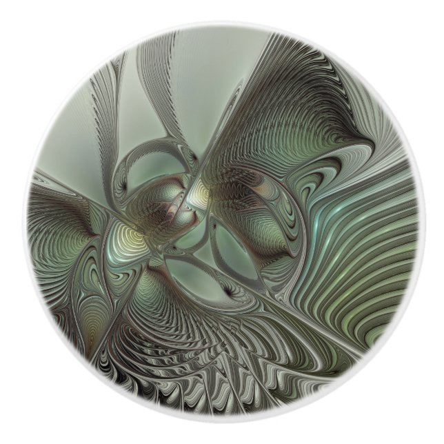 Abstract Olive Sage Green Grey Fractal Art Fantasy Ceramic Knob (Front)