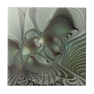Abstract Olive Sage Green Grey Fractal Art Fantasy Ceramic Tile