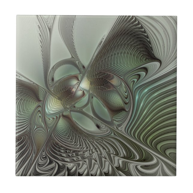 Abstract Olive Sage Green Grey Fractal Art Fantasy Ceramic Tile (Front)