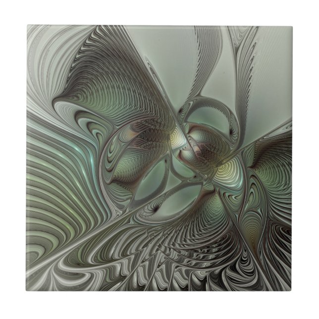 Abstract Olive Sage Green Grey Fractal Art Fantasy Ceramic Tile (Front)