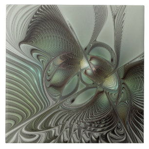 Abstract Olive Sage Green Grey Fractal Art Fantasy Ceramic Tile