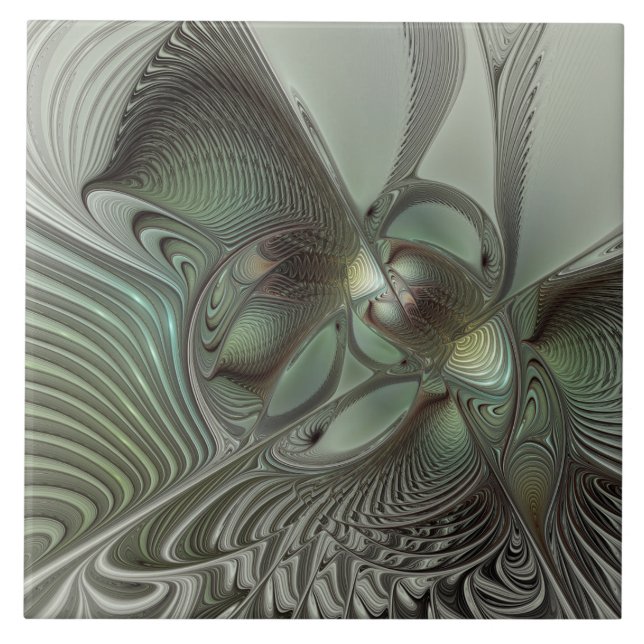 Abstract Olive Sage Green Grey Fractal Art Fantasy Ceramic Tile (Front)