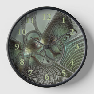 Abstract Olive Sage Green Grey Fractal Art Fantasy Clock