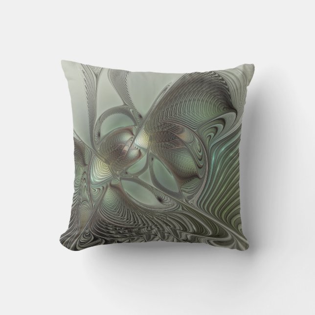 Abstract Olive Sage Green Grey Fractal Art Fantasy Cushion (Front)