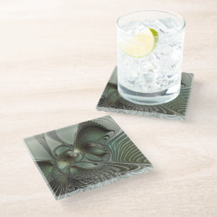 Abstract Olive Sage Green Grey Fractal Art Fantasy Glass Coaster
