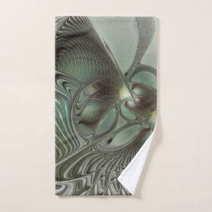 Abstract Olive Sage Green Grey Fractal Art Fantasy Hand Towel
