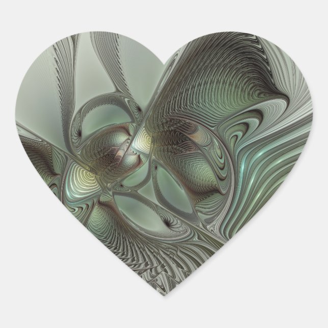 Abstract Olive Sage Green Grey Fractal Art Fantasy Heart Sticker (Front)