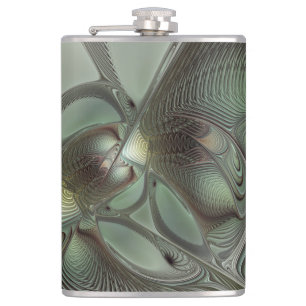Abstract Olive Sage Green Grey Fractal Art Fantasy Hip Flask