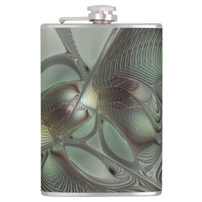 Abstract Olive Sage Green Grey Fractal Art Fantasy Hip Flask (Front)