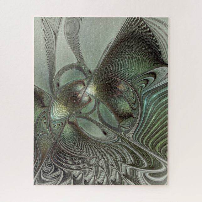 Abstract Olive Sage Green Grey Fractal Art Fantasy Jigsaw Puzzle (Vertical)