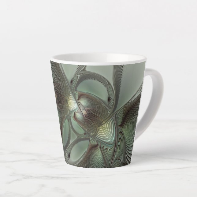 Abstract Olive Sage Green Grey Fractal Art Fantasy Latte Mug (Right Angle)