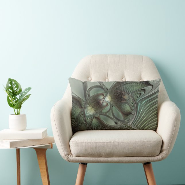 Abstract Olive Sage Green Grey Fractal Art Fantasy Lumbar Cushion (Chair)