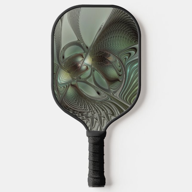 Abstract Olive Sage Green Grey Fractal Art Fantasy Pickleball Paddle (Front)