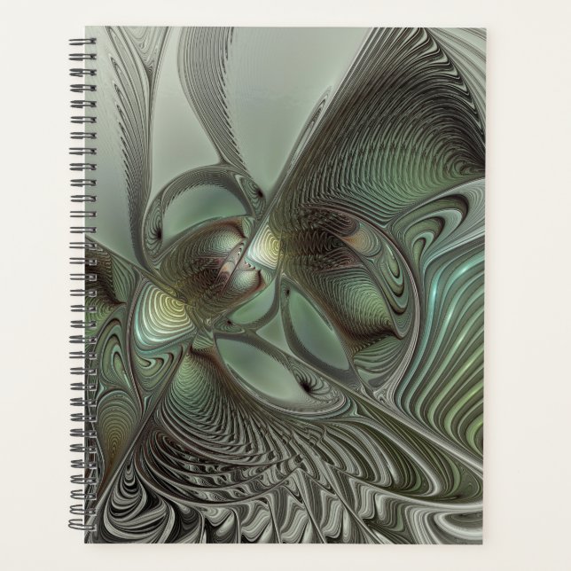 Abstract Olive Sage Green Grey Fractal Art Fantasy Planner (Front)