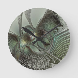 Abstract Olive Sage Green Grey Fractal Art Fantasy Round Clock