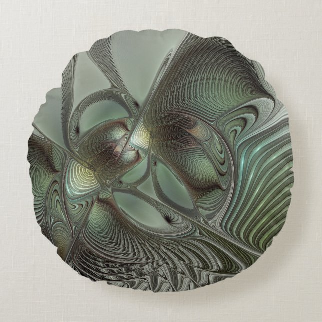 Abstract Olive Sage Green Grey Fractal Art Fantasy Round Cushion (Front)
