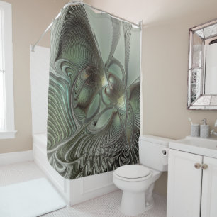 Abstract Olive Sage Green Grey Fractal Art Fantasy Shower Curtain
