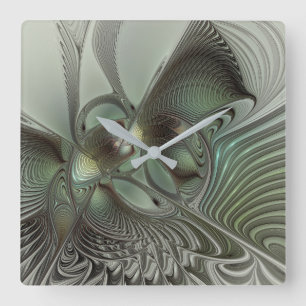 Abstract Olive Sage Green Grey Fractal Art Fantasy Square Wall Clock
