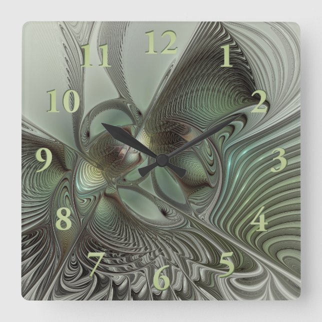 Abstract Olive Sage Green Grey Fractal Art Fantasy Square Wall Clock (Front)