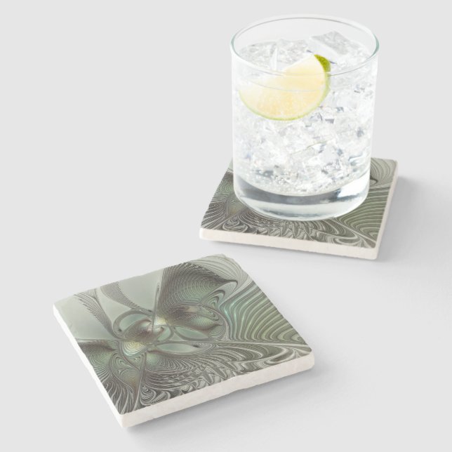 Abstract Olive Sage Green Grey Fractal Art Fantasy Stone Coaster (Side)