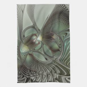 Abstract Olive Sage Green Grey Fractal Art Fantasy Tea Towel