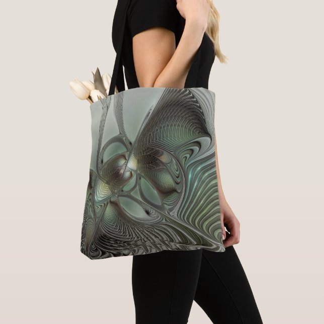 Abstract Olive Sage Green Grey Fractal Art Fantasy Tote Bag (Close Up)