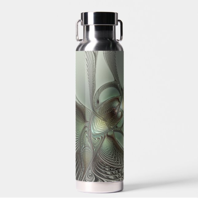 Abstract Olive Sage Green Grey Fractal Art Fantasy Water Bottle (Front)